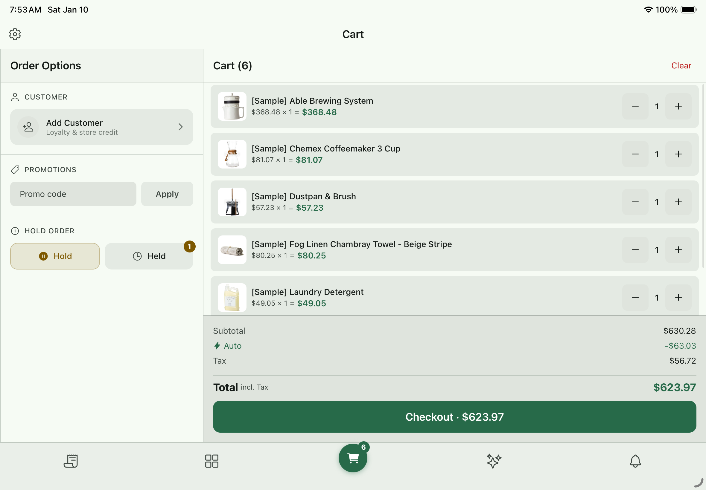 Cart view with items and totals