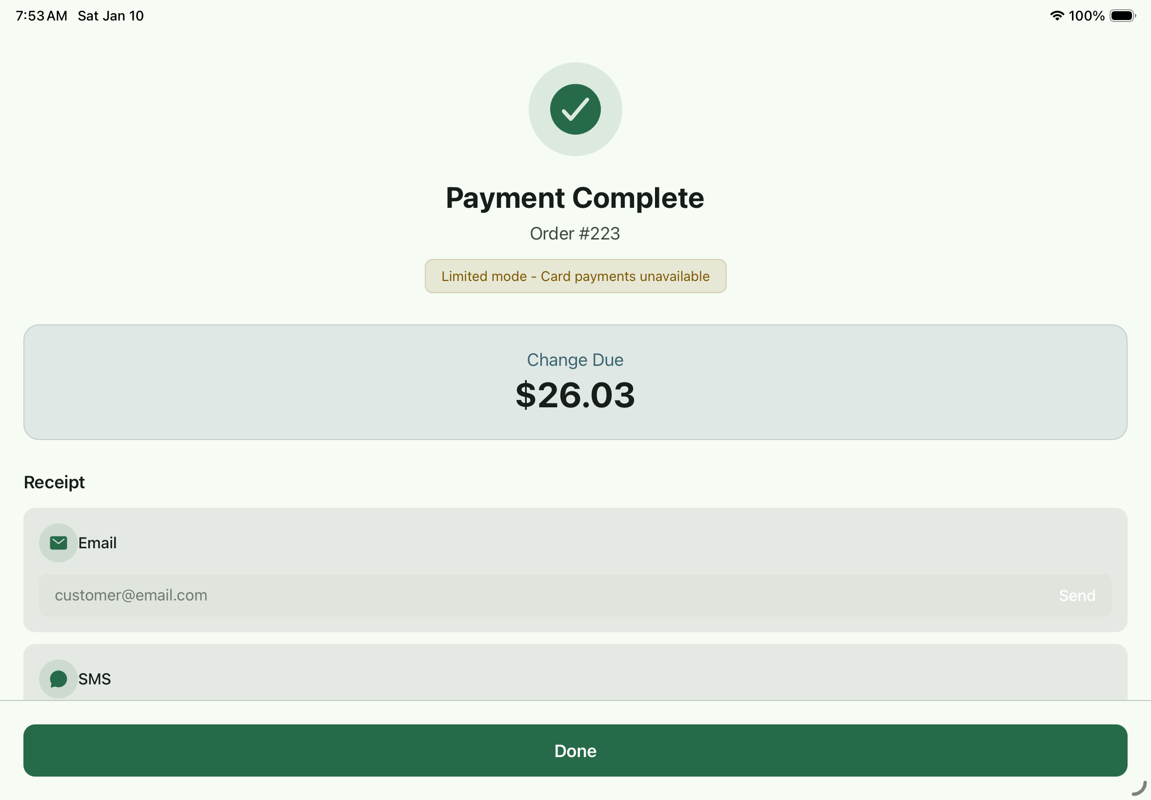 Kynetik POS checkout complete screen showing successful payment