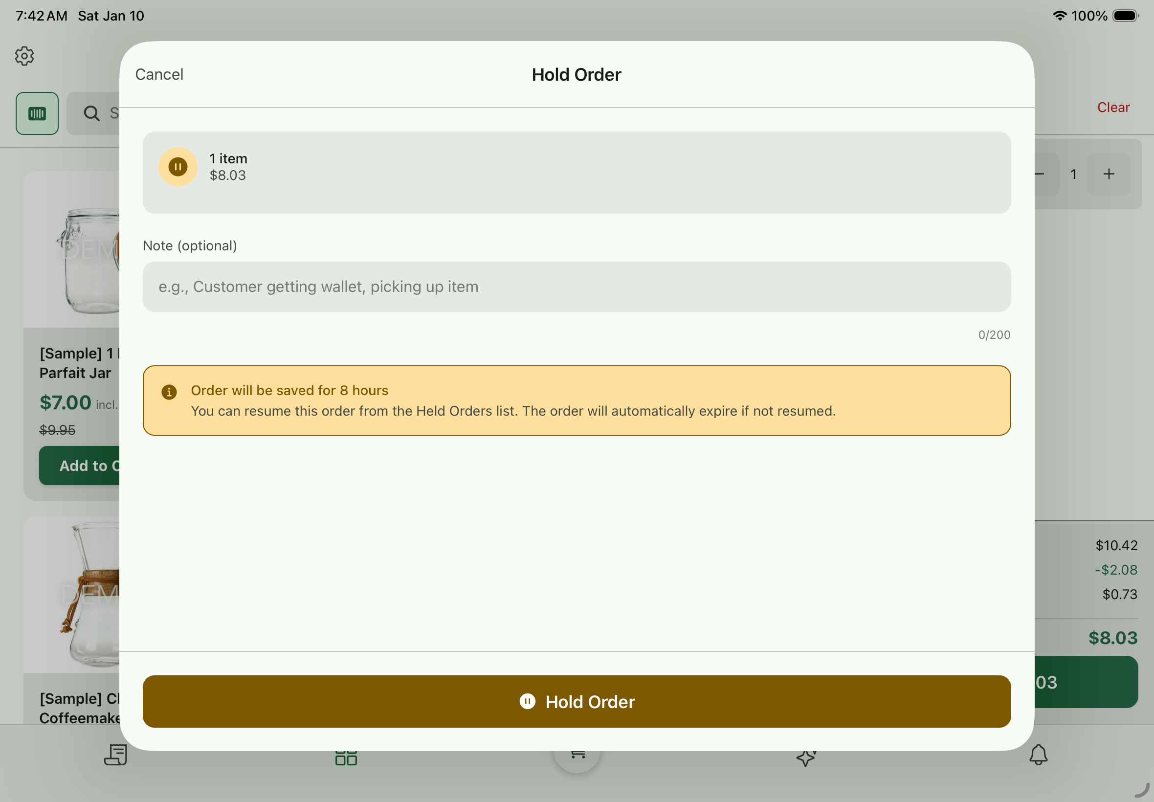 Hold order for later