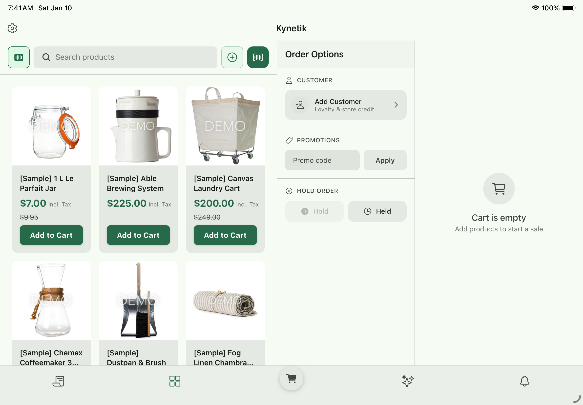 Kynetik POS product listing screen showing beauty products with cart sidebar